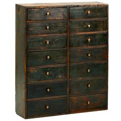 Antique American Scrubbed Blue Painted Dovetailed Pine Apothecary Cabinet, 19th Century
