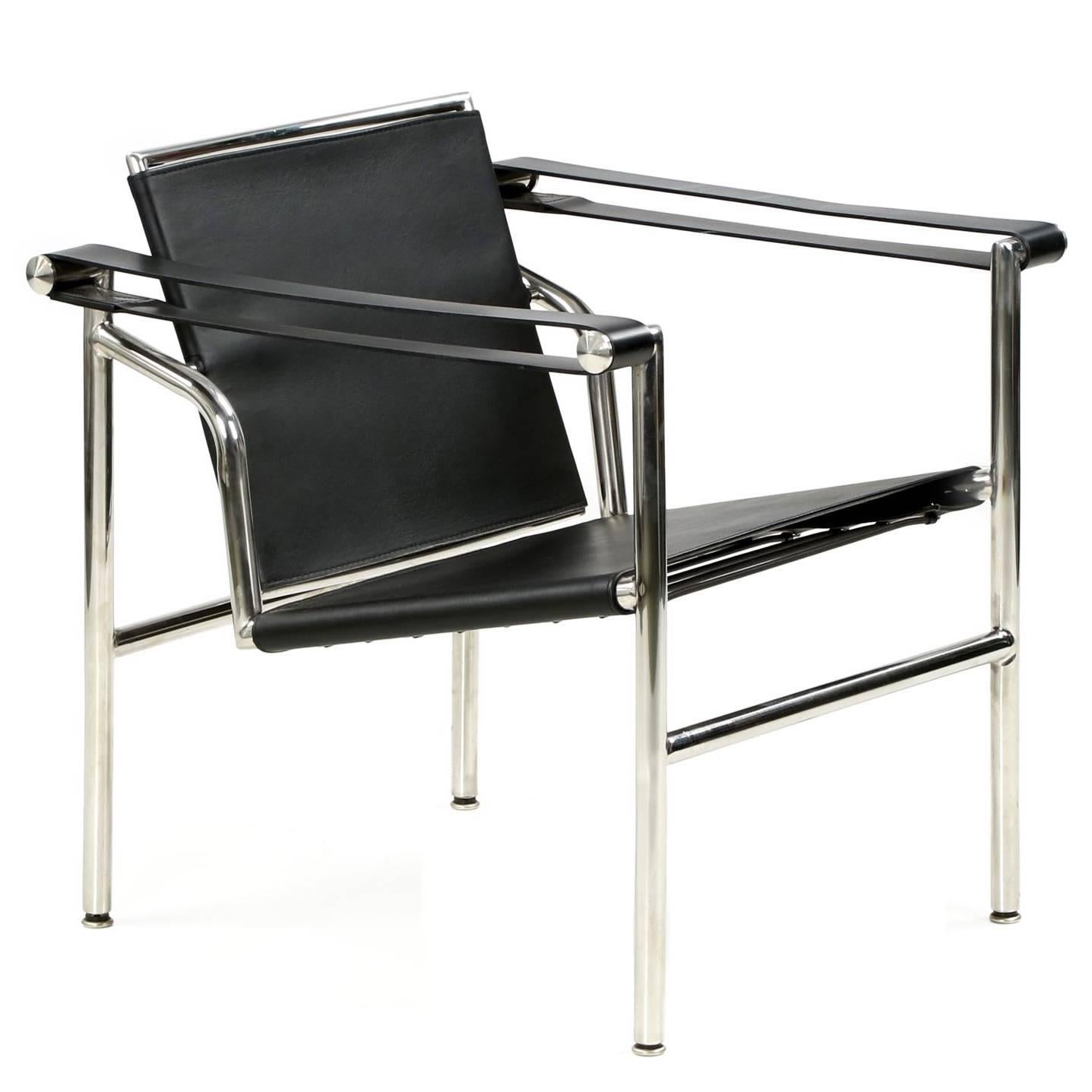 Chrome and Leather Slingback Armchair after Le Corbusier LC1 Basculant