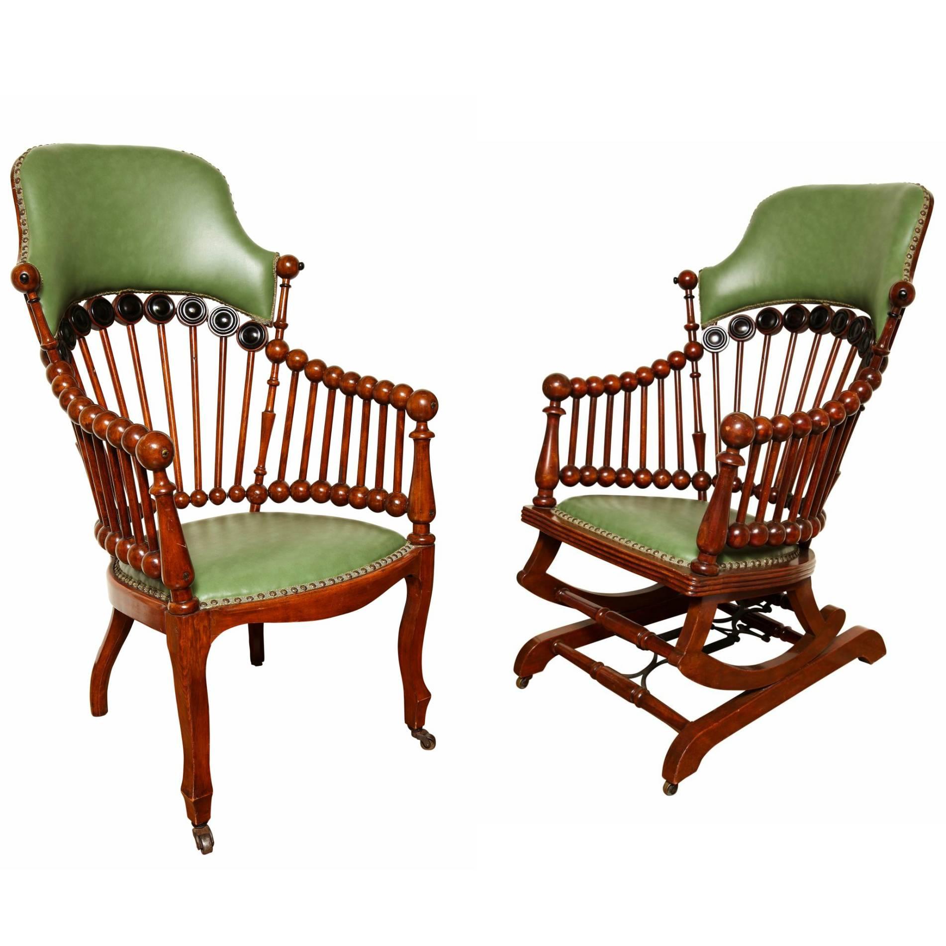 Matching Green Upholstered Armchair and Rocker by Hunzinger