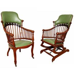 Antique Matching Green Upholstered Armchair and Rocker by Hunzinger