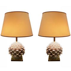 Pair of Table Lamps with Porcelain Pine-Cones