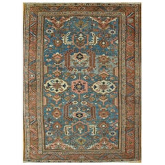 Antique Room Size Hand-Knotted Blue Wool Persian Serapi Rug