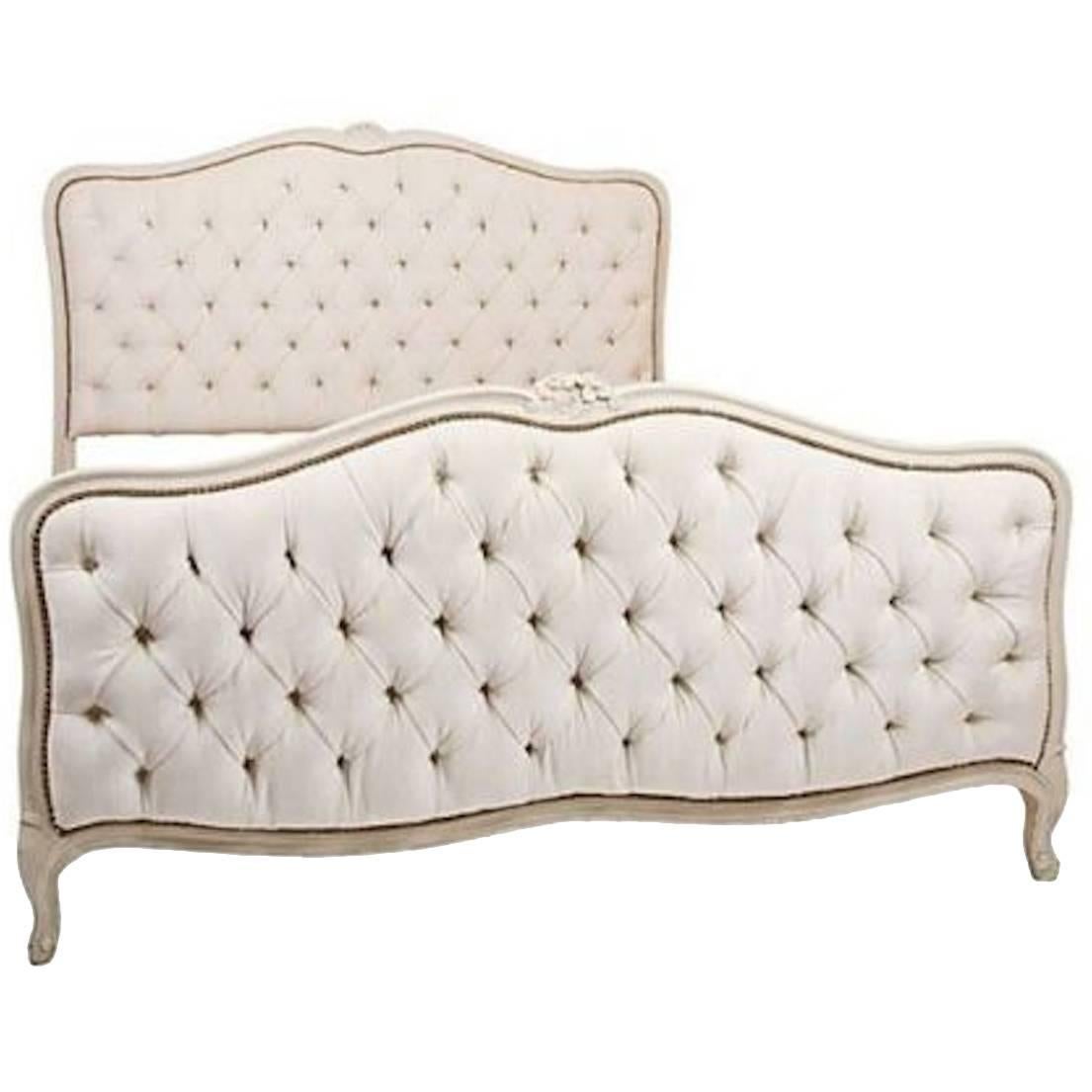 French Bed in White Velvet in Louis XV Cottage Chic Farmhouse Style King-Size For Sale