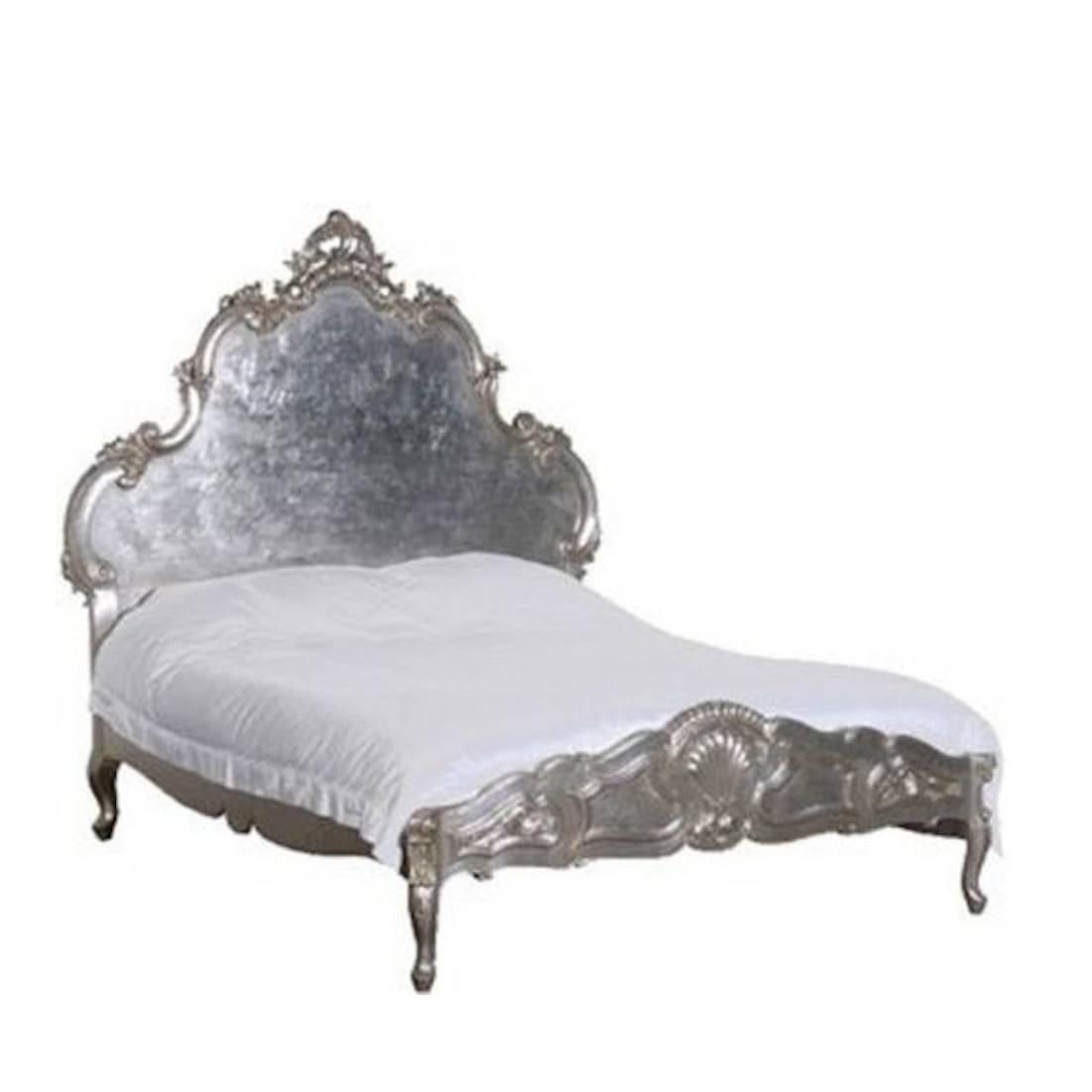 French Bed Silver Leaf Carved in Louis XV Baroque Farmhouse Chic Style King-Size For Sale