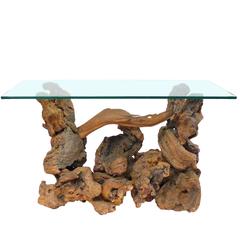 Compact Burl and Driftwood Glass-Top Console