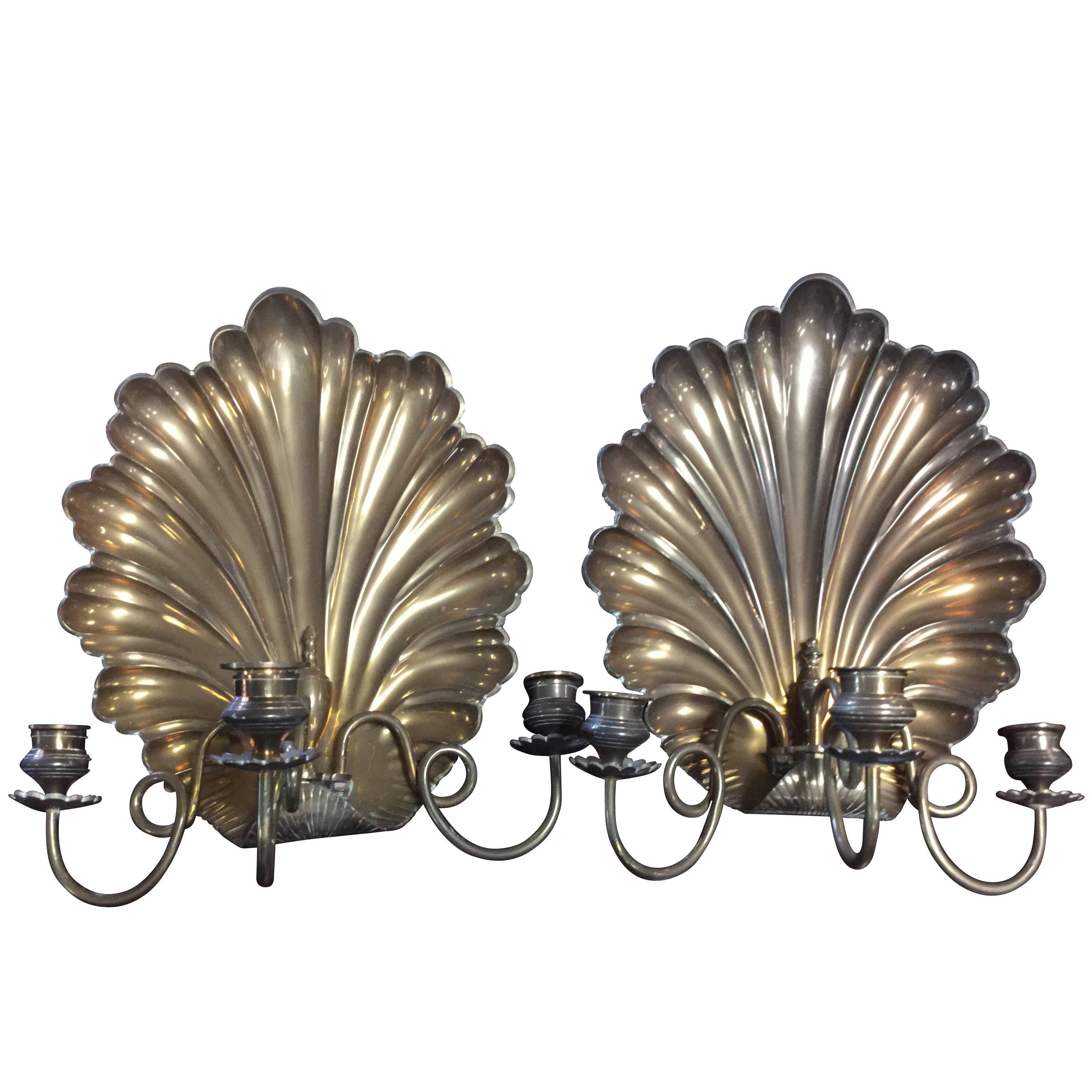 Fine Pair of Brass Shell Candle Sconces