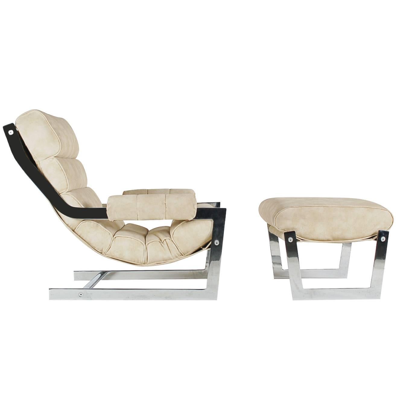 Mid-Century Italian Suede & Chrome Lounge Chair & Ottoman After Milo Baughman