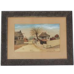  Tropical Watercolor Depicting a Rural Street Scene with a Date Palm 