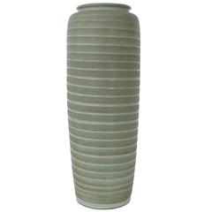 Tall Green Incised Japanese Ceramic Vase