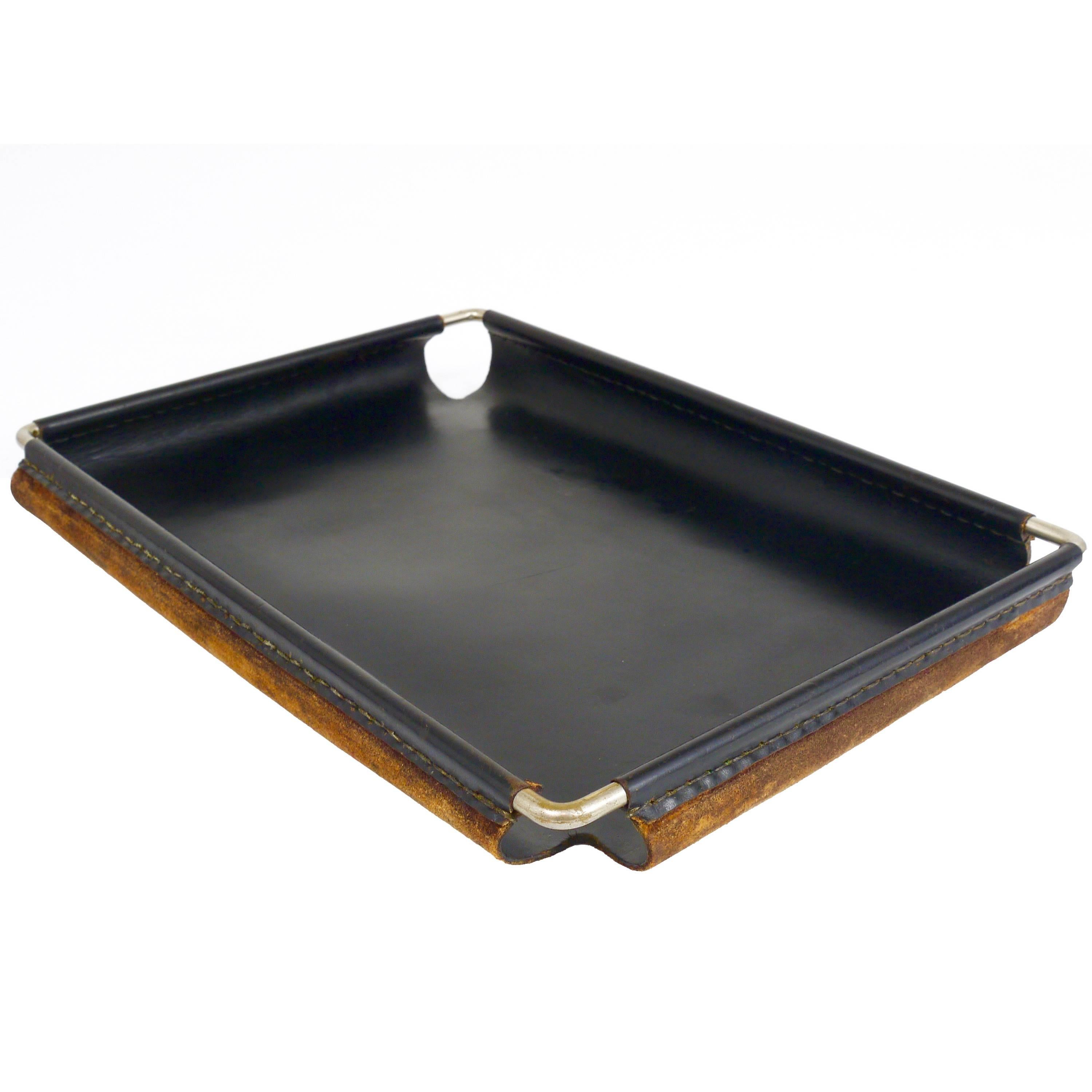 Carl Aubock Leather and Brass Square Letter Tray, 1940s, Austria
