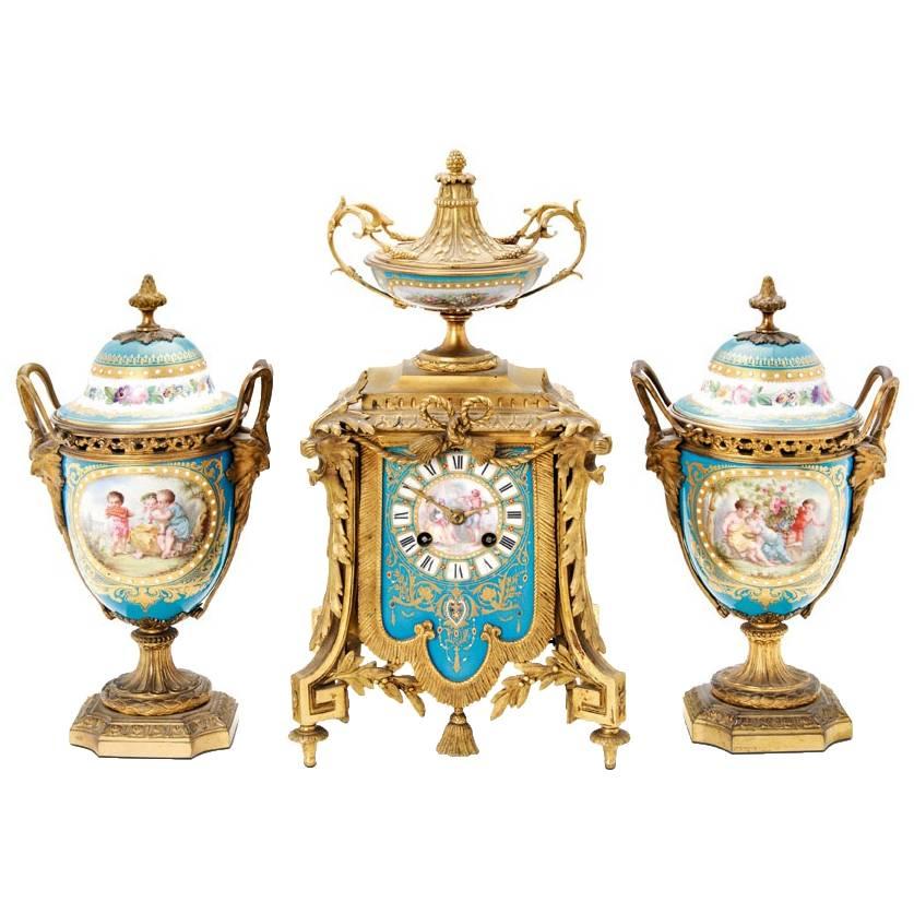 Louis XVI Style Three-Piece Ormolu-Mounted Sevres Porcelain Clock Set