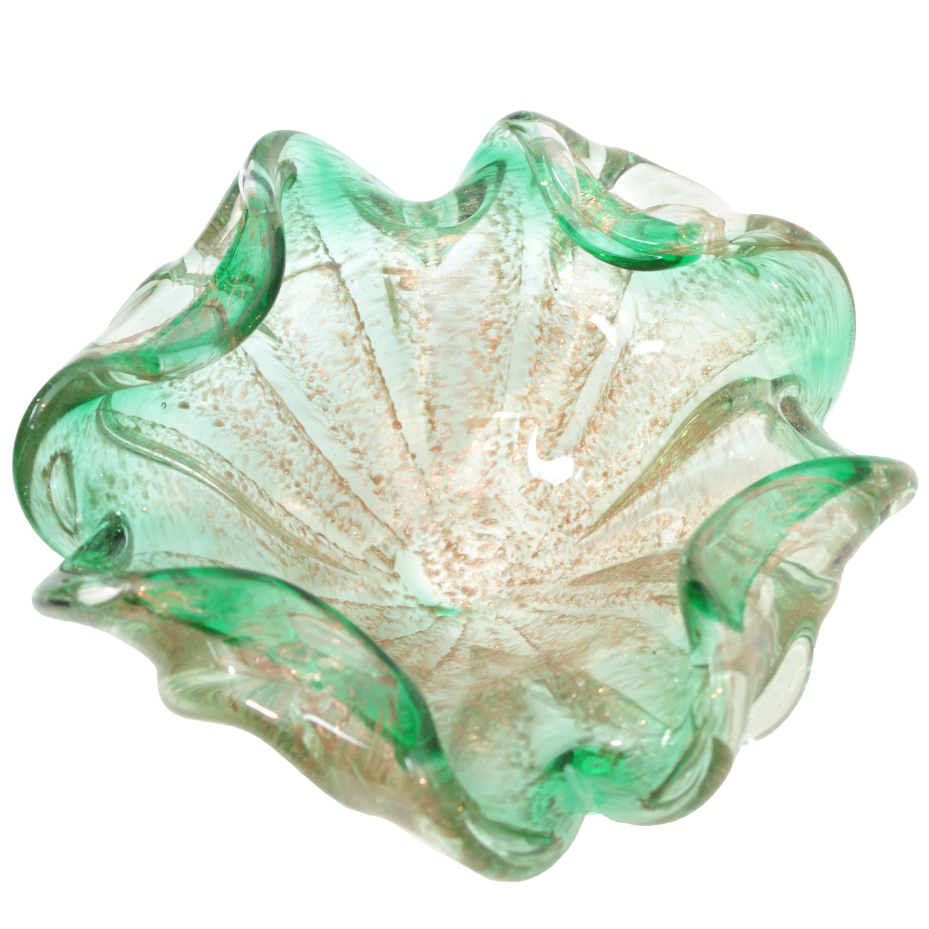 Green Murano and Aventurine Pink Gold Flecks Flower Form Bowl or Ashtray