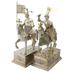 1910s Antique Pair of German Silver Table Knights on Horseback