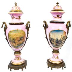 Vintage Huge Pair Sevres Style Porcelain and Ormolu Vases