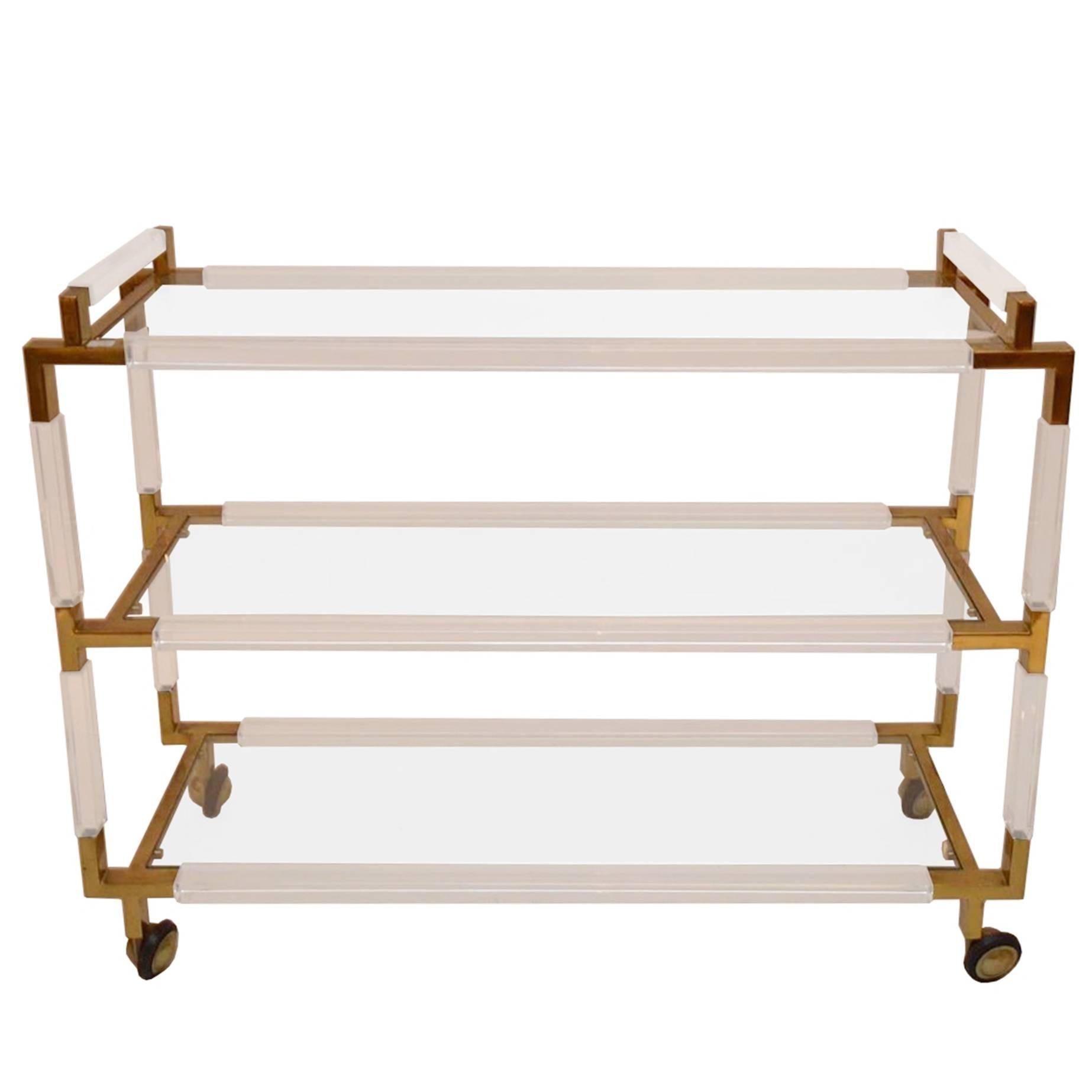 Rare Charles Hollis Jones Lucite and Brass Bar Cart from the "Metric" Collection