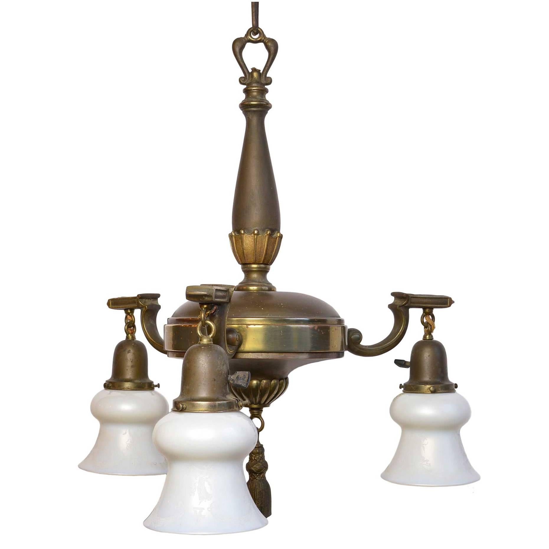 Three-Arm Brass Chandelier with Signed Steuben Shades