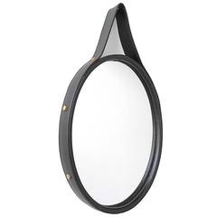 Hand-Stitched Black Leather Oval Mirror, France, 1960s