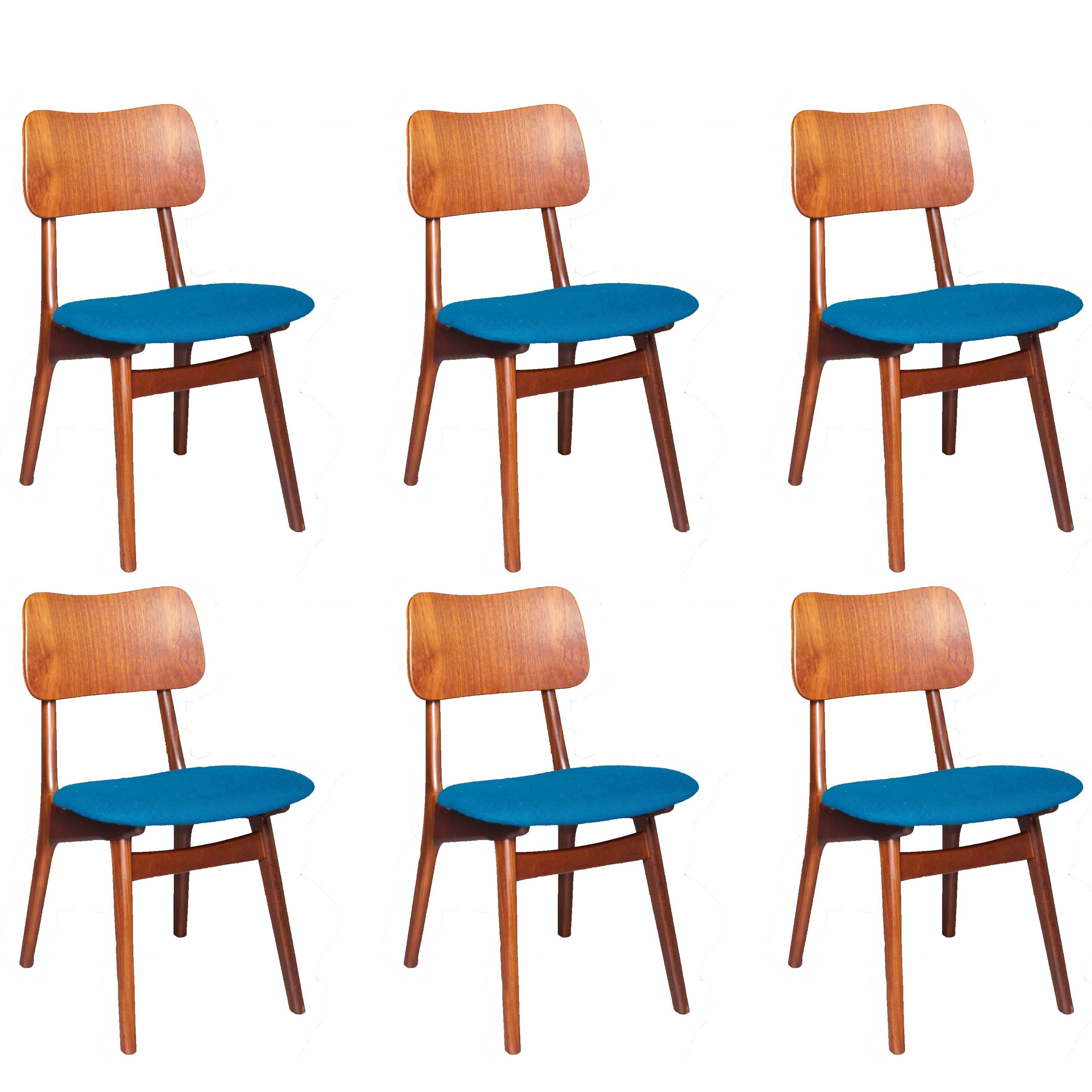 Teak Dining Chairs by Arne Hovmand-Olsen, Set of Six, Blue