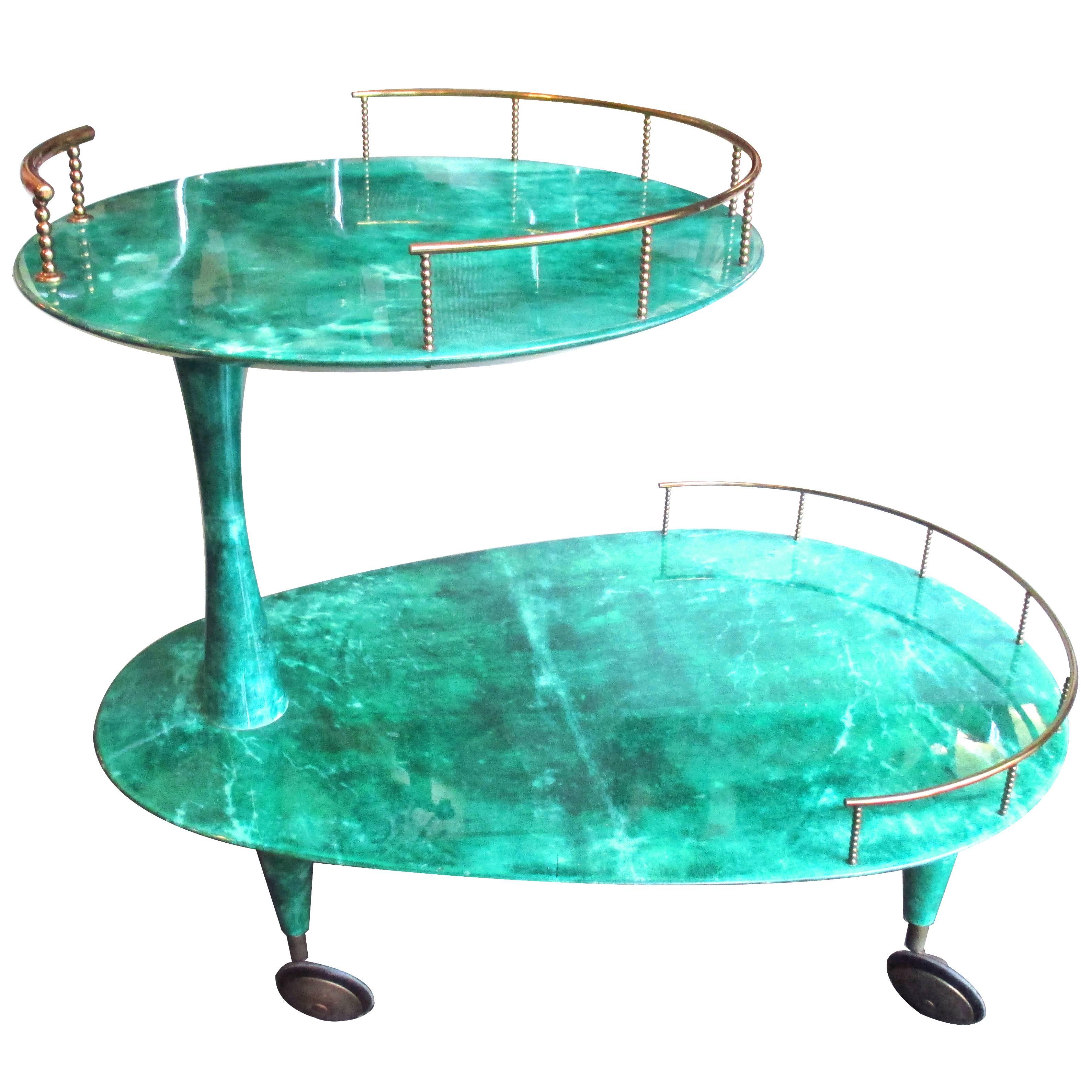 Italian Serving Cart by Aldo Tura in Green Painted Parchment, 1960s