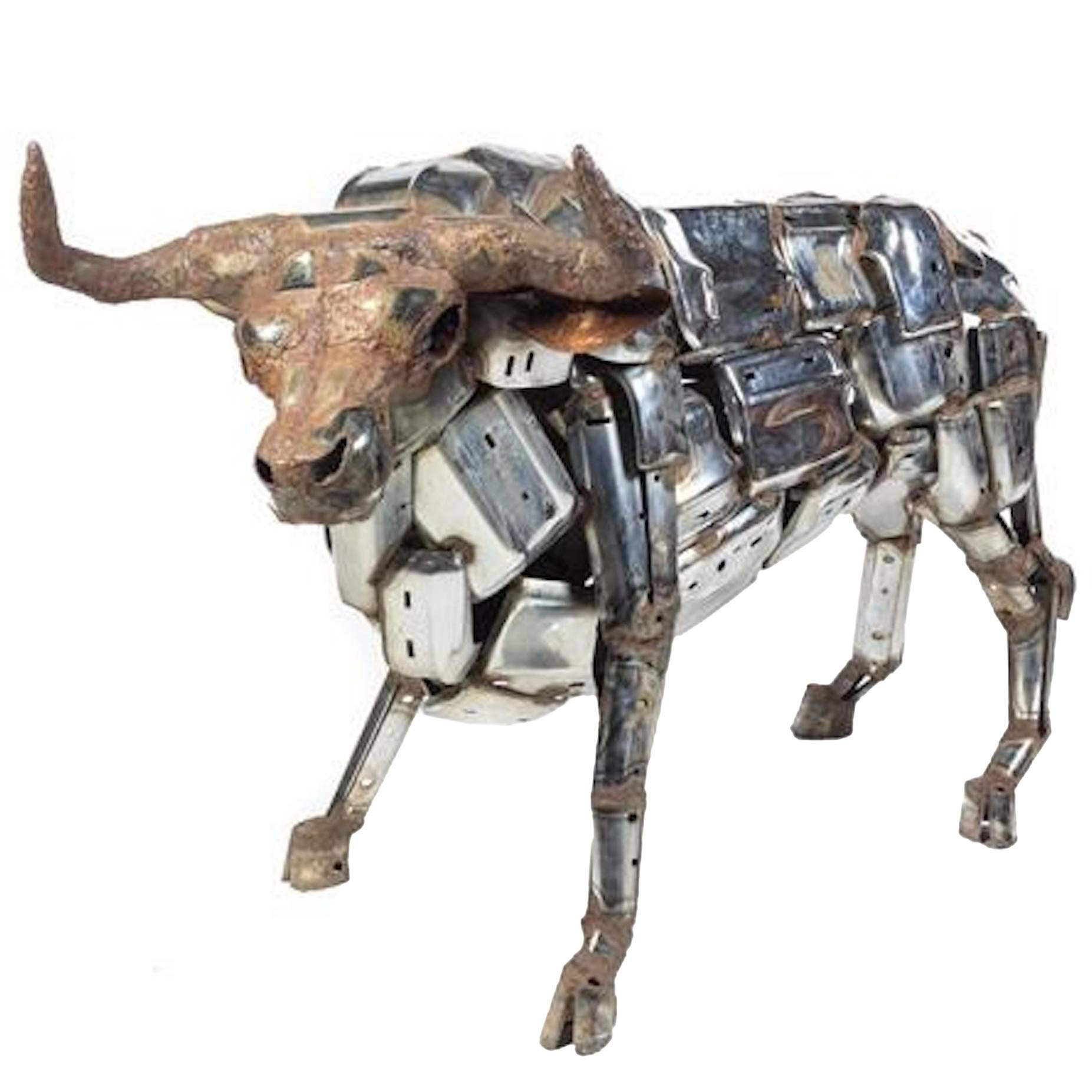 "Bull" Large Sculptor Comprised of Car Bumpers by John Kearney