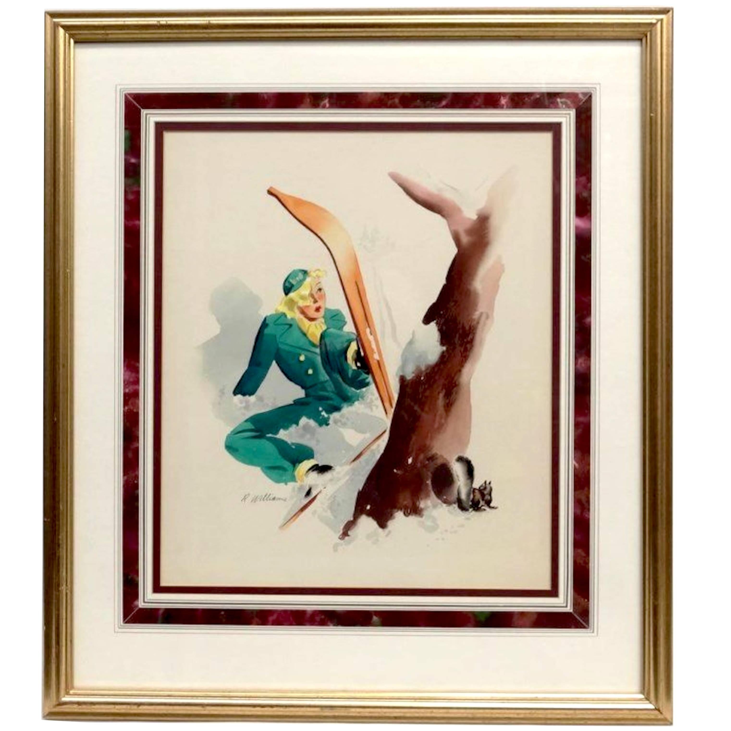 "Ski Bunny" 1950s Illustration Watercolor and Guache Framed For Sale