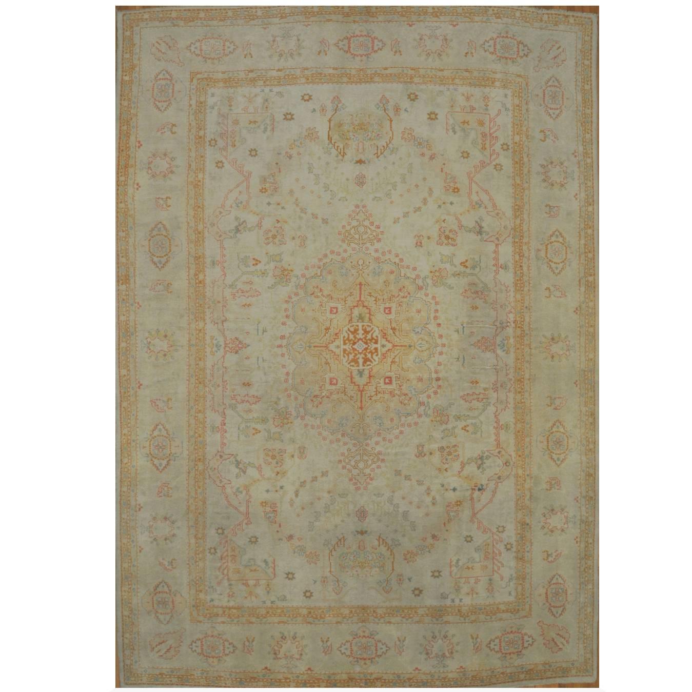 Large Antique Hand Knotted Wool Turkish Oushak Rug For Sale