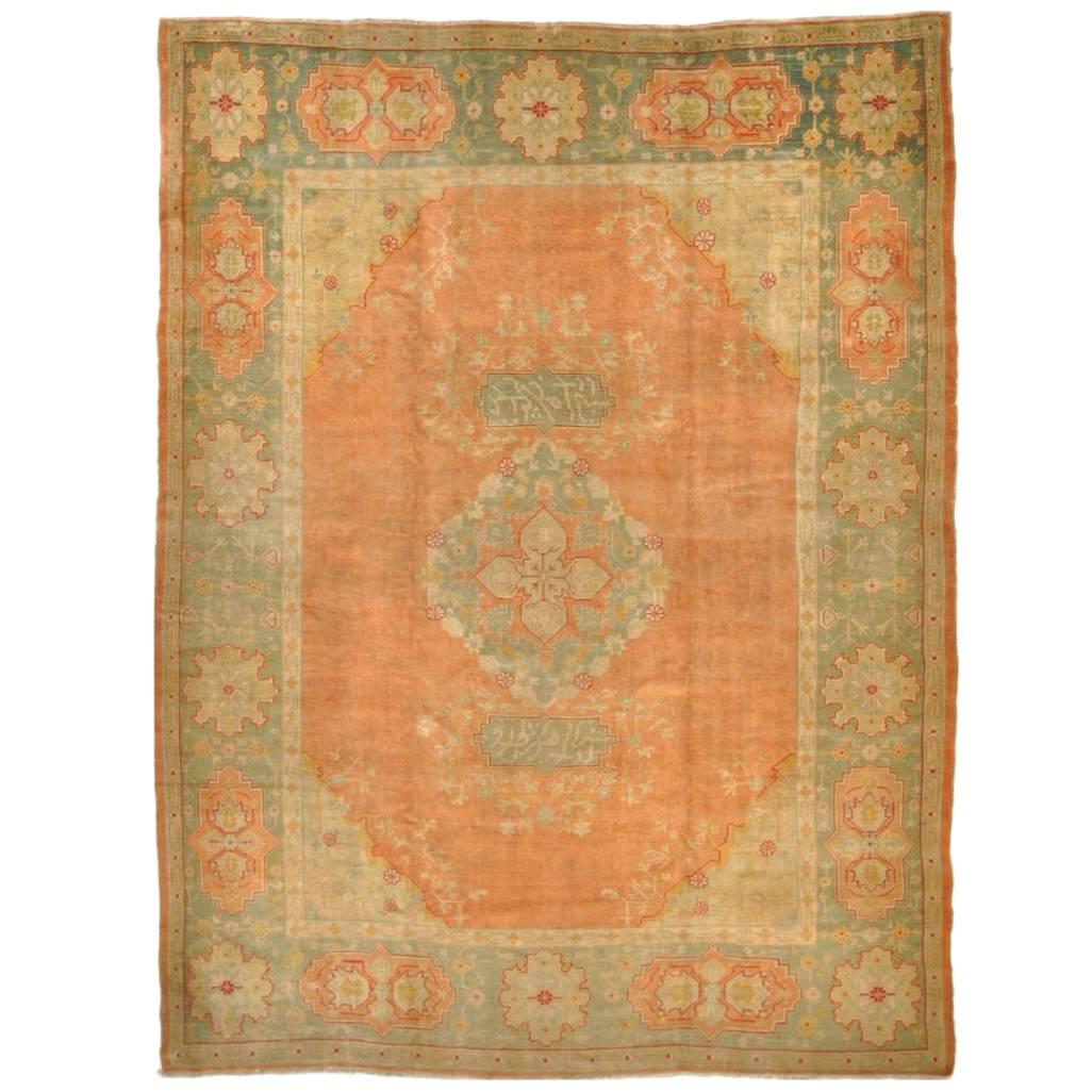 Antique Hand Knotted Angora Wool Salmon Color Turkish Oushak Rug For Sale
