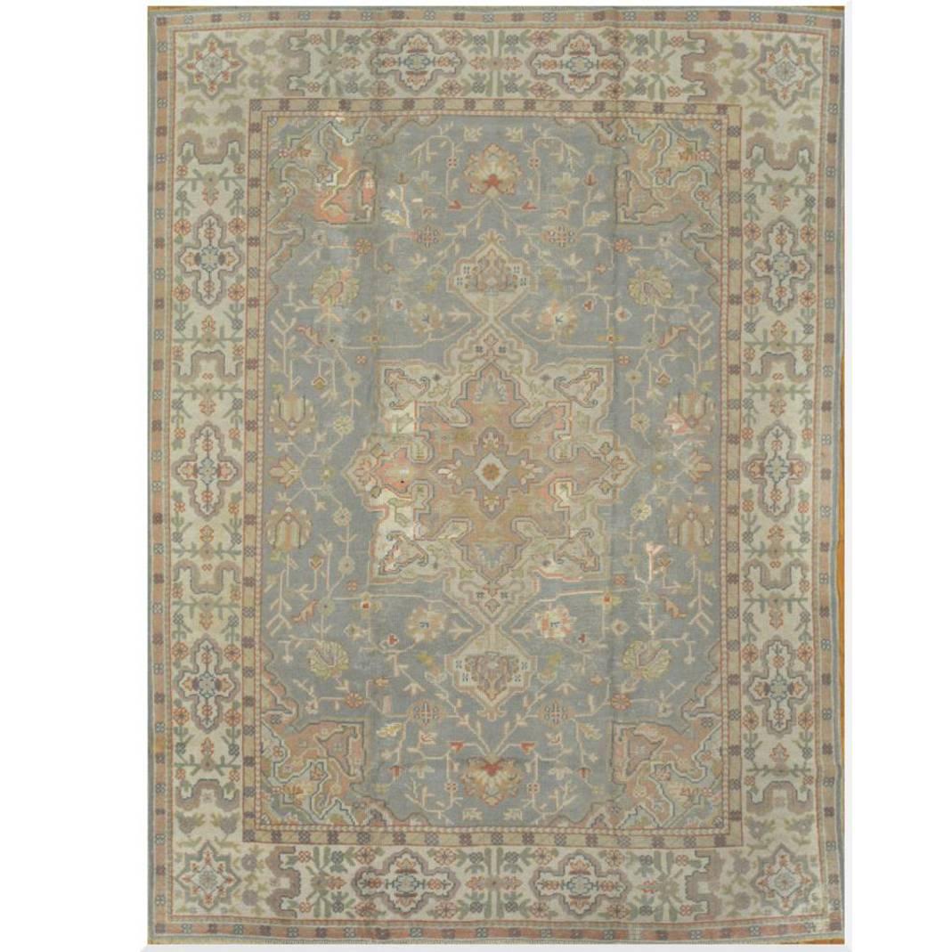 Antique Room Size Hand Knotted Gray Color Turkish Oushak Rug For Sale