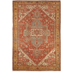 Large Room Size Antique Hand Knotted wool Red Teal and Gold Persian Serapi Rug