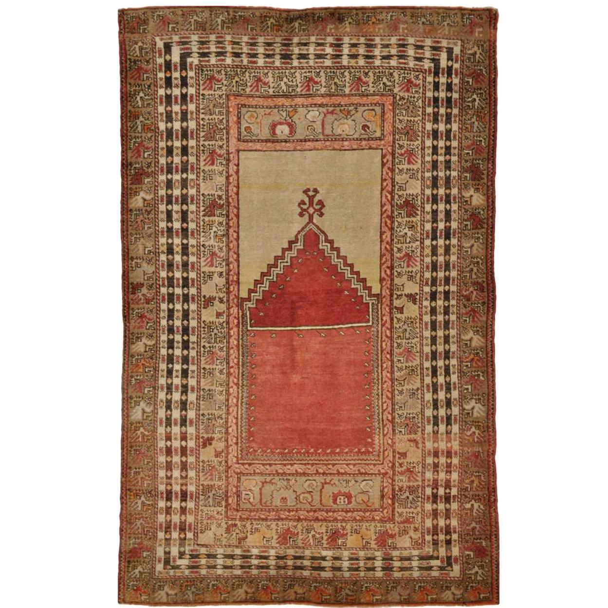 Small Hand Knotted Wool Turkish Rug In Red Color Field For Sale