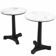 Pair of Heavy Cast Iron Round Marble-Tops Cafe Tables