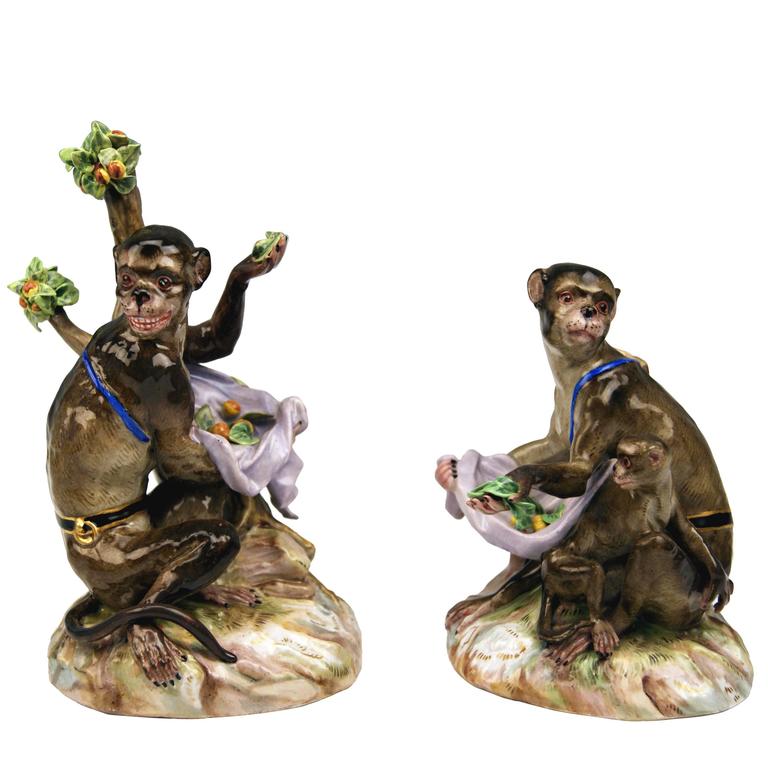 Pair Meissen Nicest Monkey Figurines by Kaendler Models 1464 and 1469