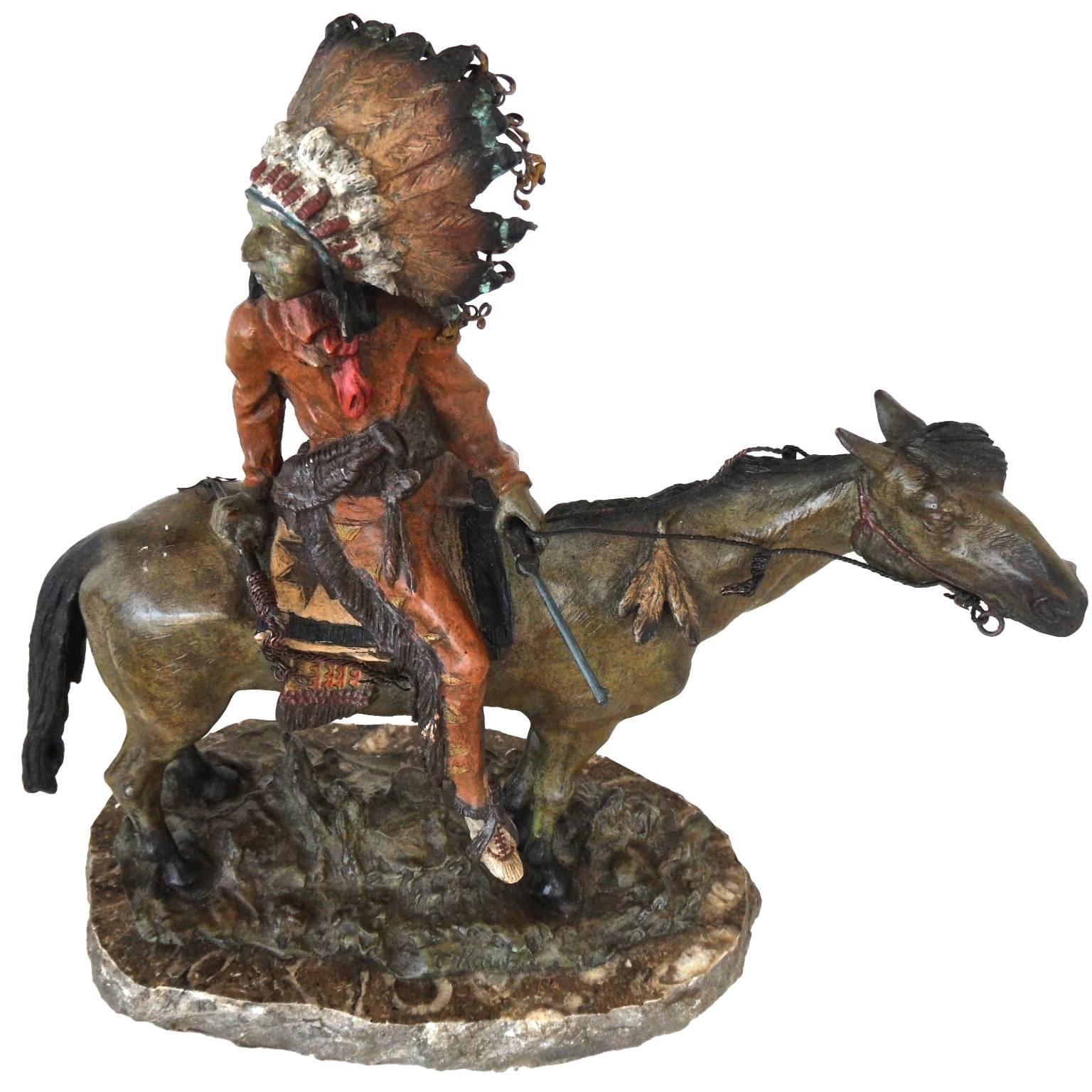 Carl Kauba Polychromed Bronze of American Indian on Horseback