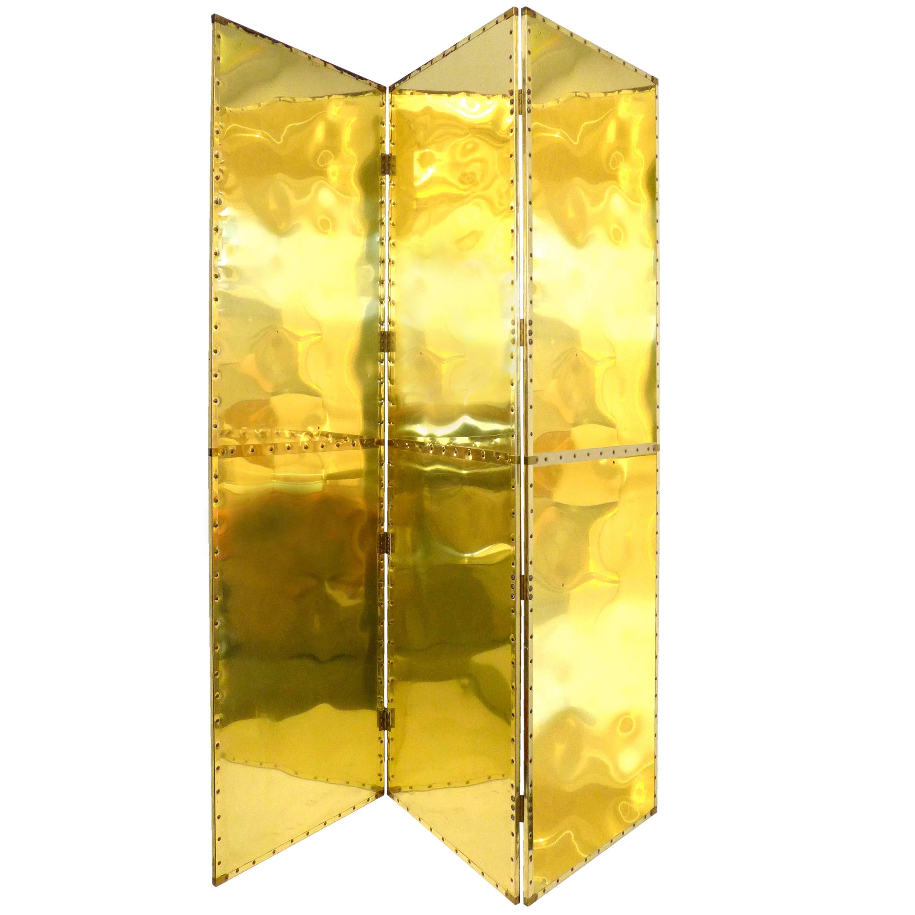 Three-Panel Brass Clad Screen in the Manner of Sarreid For Sale