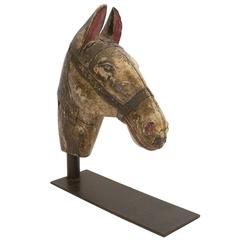 19th Century Carved and Painted Wood Horse Head Sculpture on Iron Base