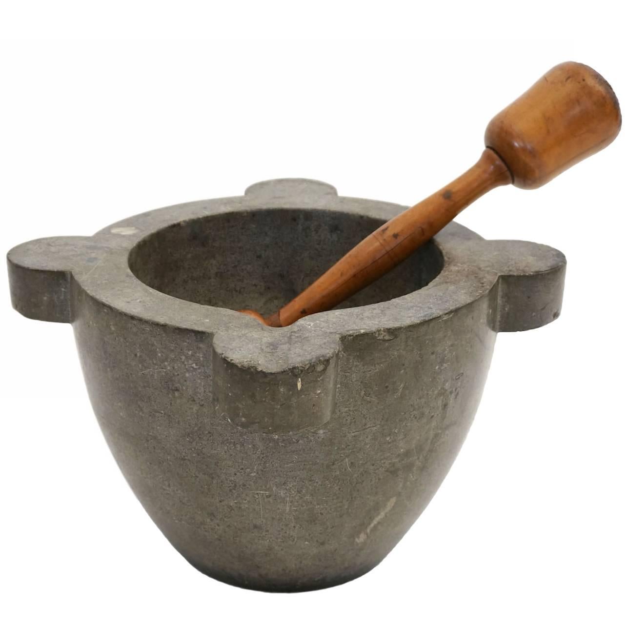 Large French Basalt Mortar and Wood Pestle, France, Agde, circa 1650-1750
