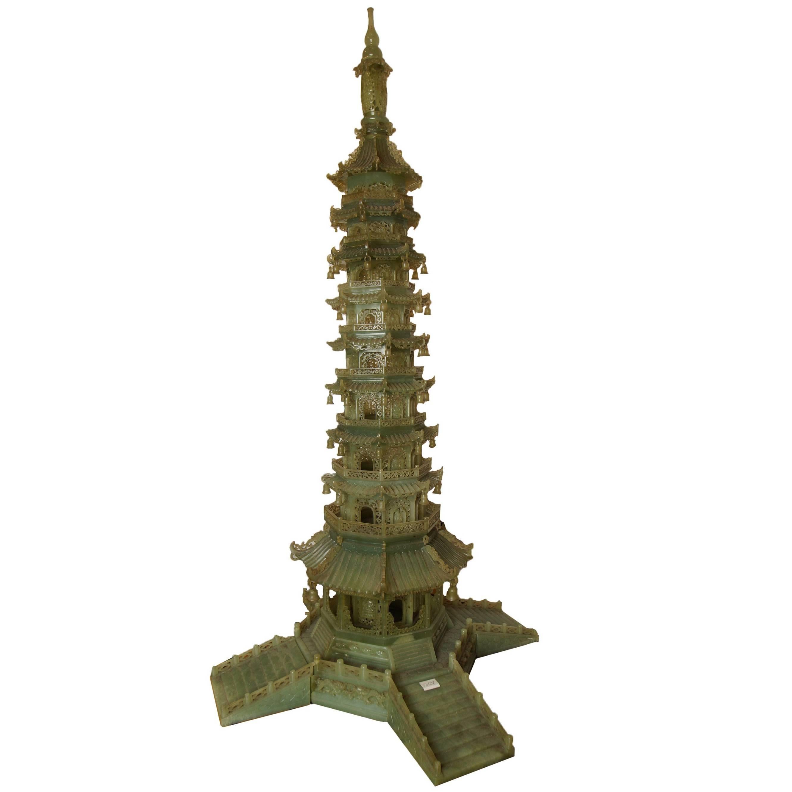 Large Chinese Carved Serpentine Stone Pagoda