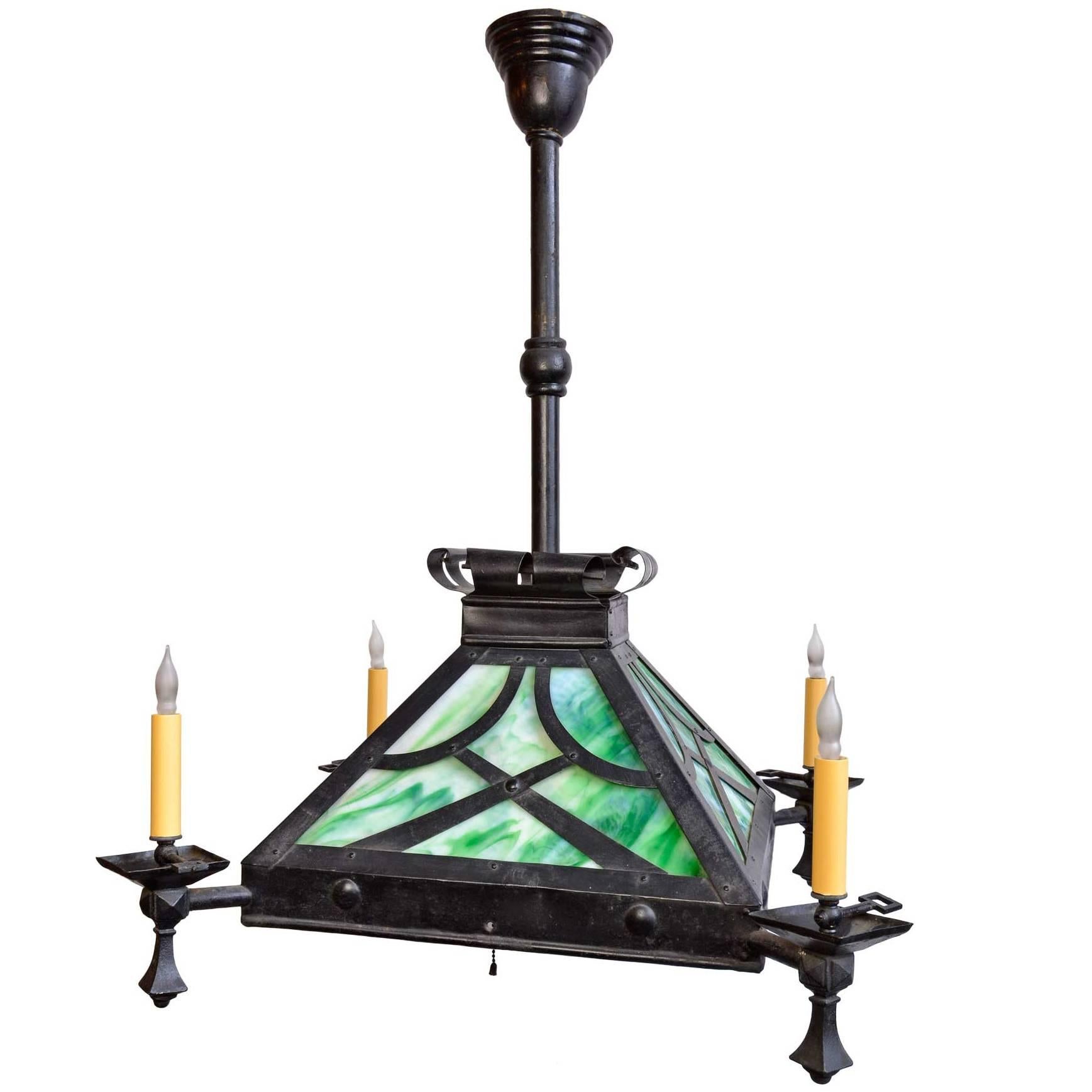 Craftsman Iron Gas Fixture with Green Slag Glass For Sale
