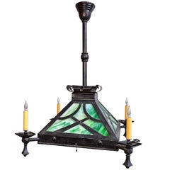 Craftsman Iron Gas Fixture with Green Slag Glass