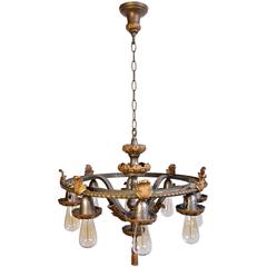 Antique 1920s Hammered Iron Fixture with Cast Brass Acanthus Leaf Details