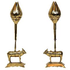 Unusual Pair of Tulip Form Brass Candleholders