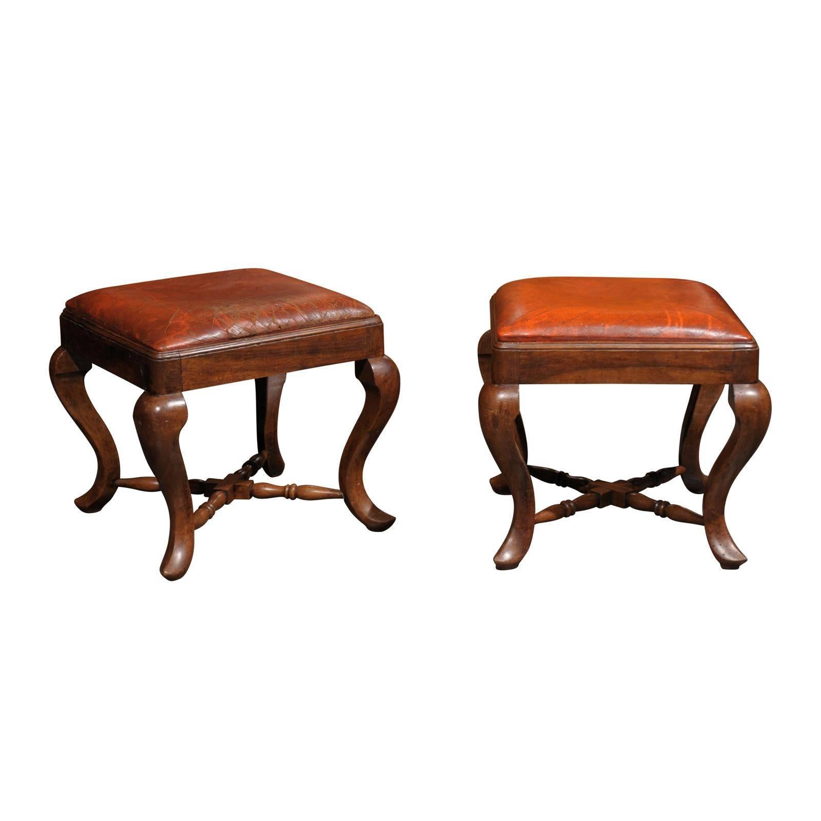 Pair of Italian Wood and Leather Stools from the Late 19th Century