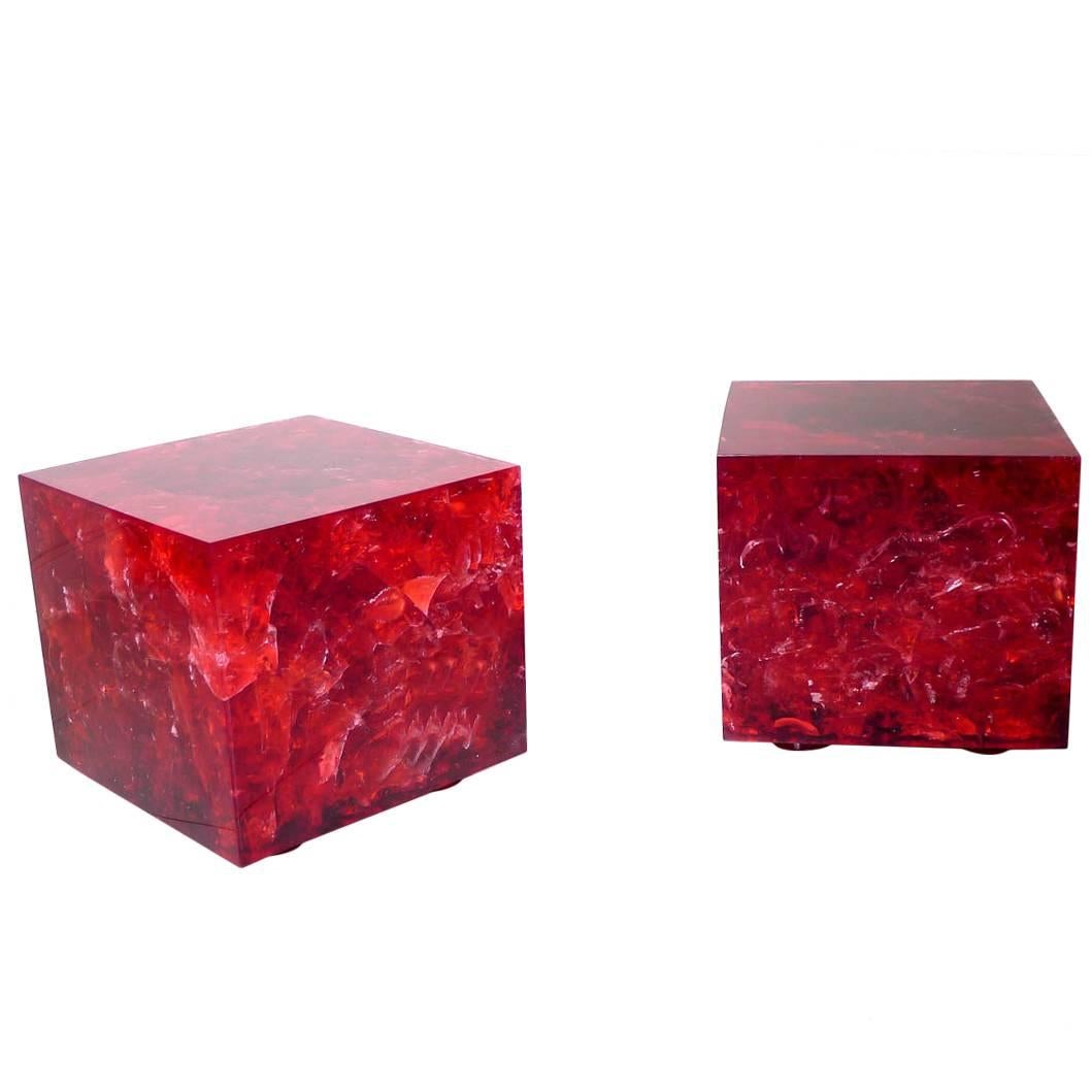 Pair of Cube in Resine Fractal in Red Color Marie Claude de Fouquieres
