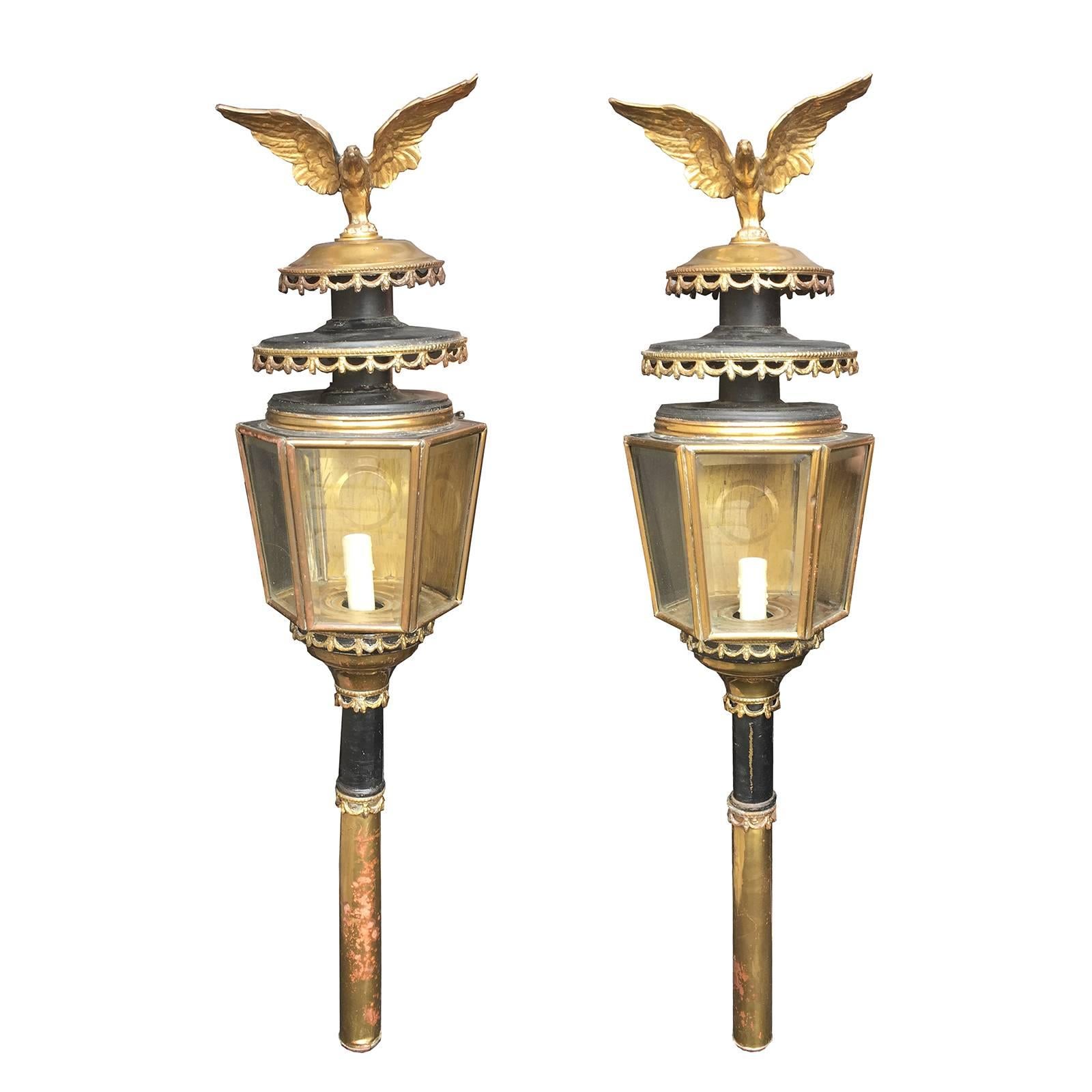 Pair of 19th Century Large Brass Coach Lanterns with Eagle
