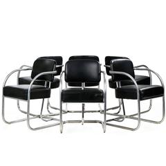 Vintage Set of Six Chrome and Leather Tubular Dining Armchairs, KEM Weber