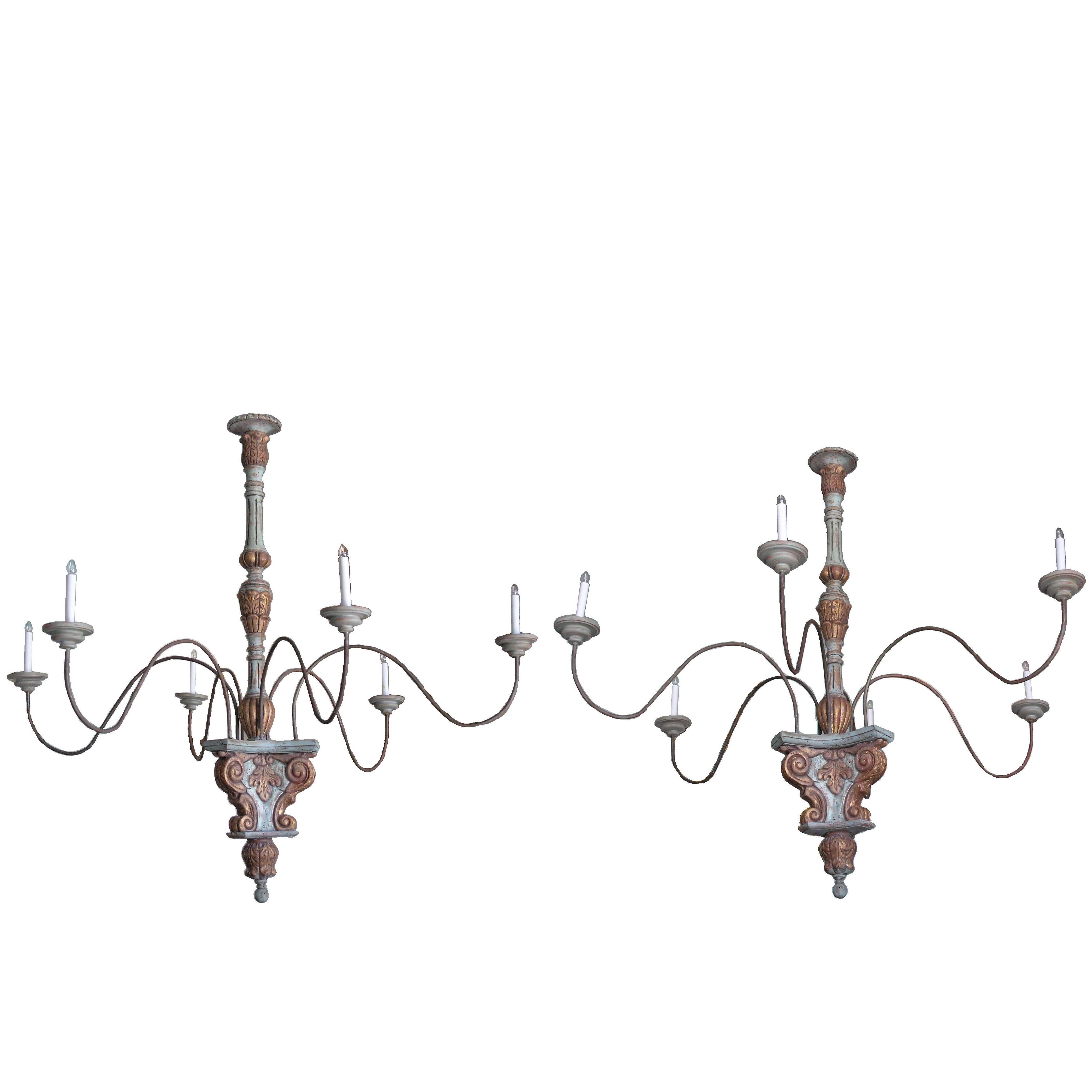 Pair of Large Painted and Tole Chandeliers For Sale
