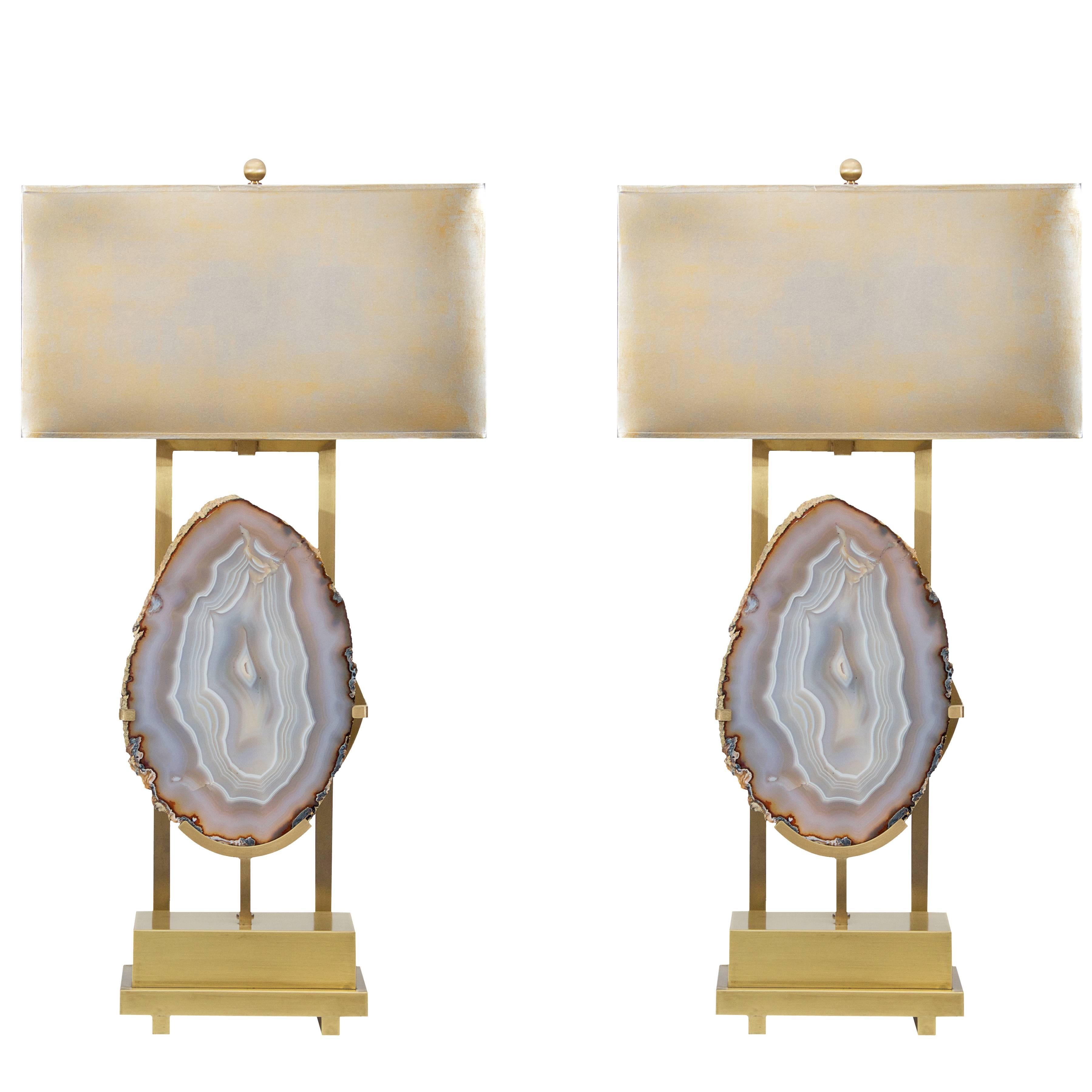 Custom Pair of Brazilian Agate Table Lamps in the Style of Willy Daro