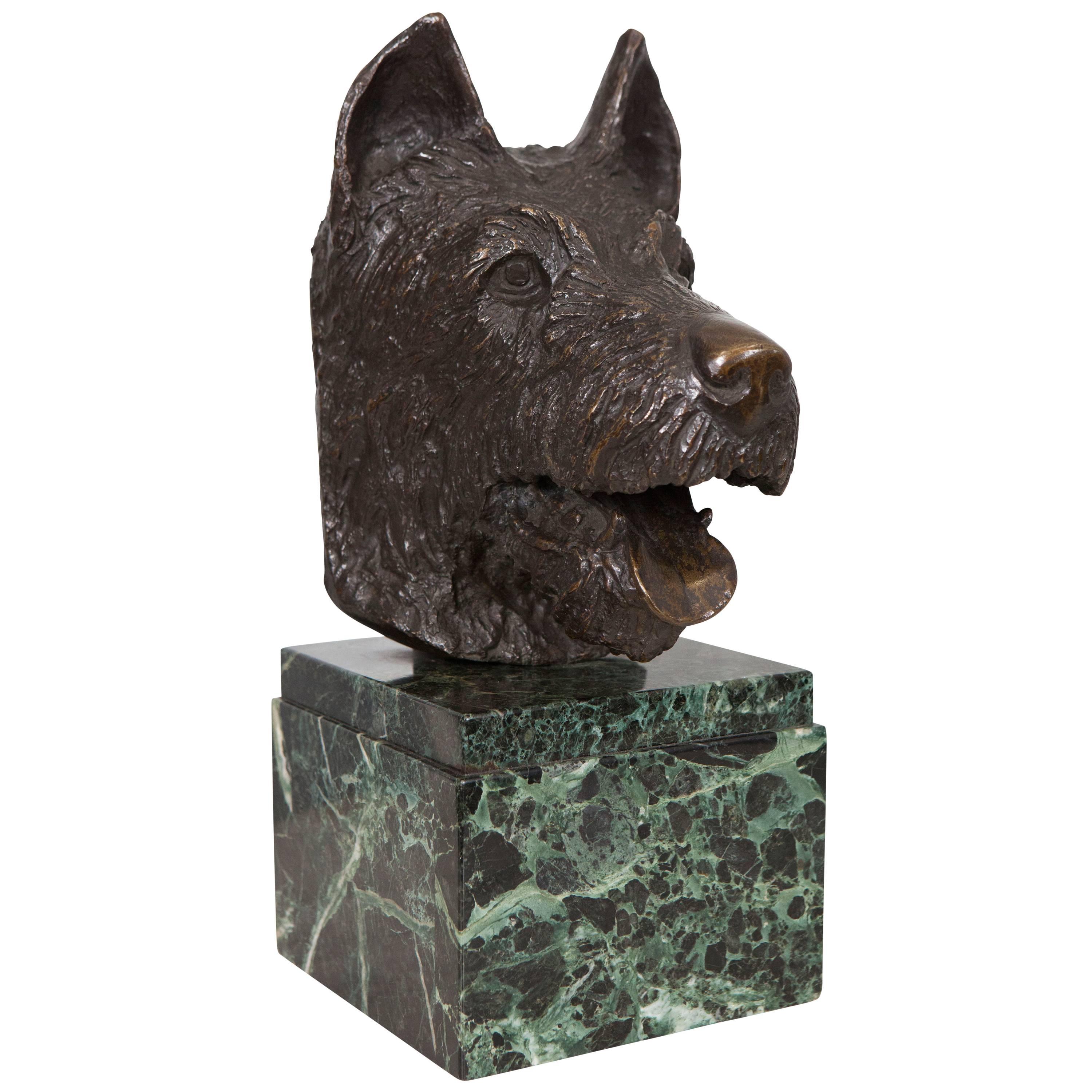 French Bronze Bust of Dog on Marble Base For Sale