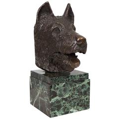French Bronze Bust of Dog on Marble Base