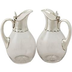 Glass and Sterling Silver Mounted Whiskey Jugs, Antique Edwardian